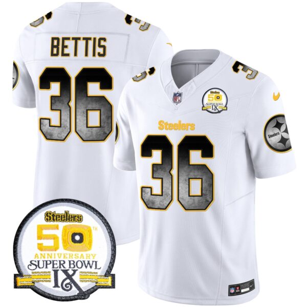Steelers Arch Smoke 50th Anniversary Of Super Bowl IX Patch Vapor Limited Jersey – All Stitched – White – Jerome Bettis Jersey