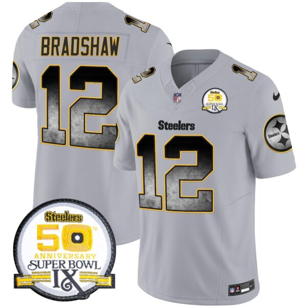 Steelers Arch Smoke 50th Anniversary Of Super Bowl IX Patch Vapor Limited Jersey – All Stitched – Gray – Terry Bradshaw Jersey