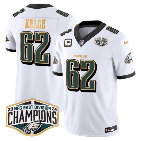 Eagles 2024 NFC East Division Champions Gold Trim Vapor Limited Jersey – All Stitched – White – Jason Kelce Jersey