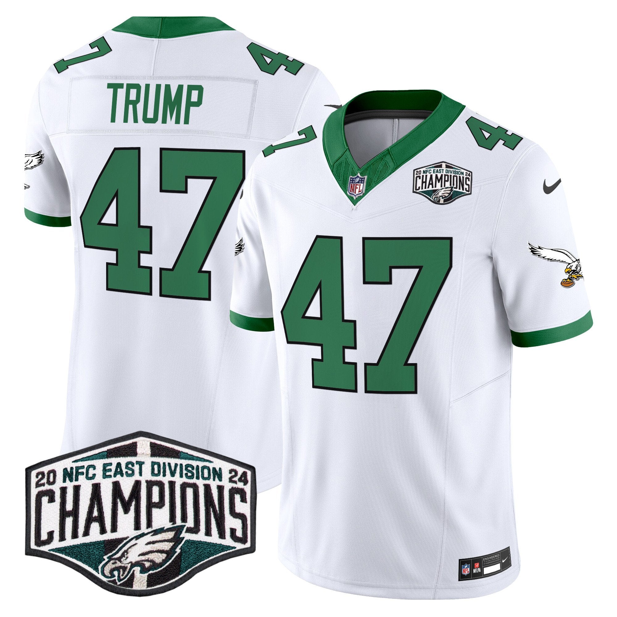 Philadelphia Eagles Kelly Green 2024 NFC East Division Champions Vapor Limited Jersey V2 – All Stitched – Kelly White – Donald Trump Jersey