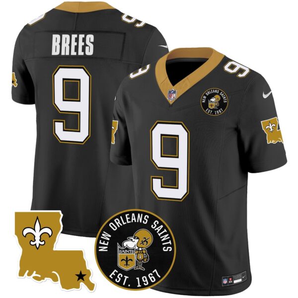Saints EST. 1967 Patch Vapor Jersey – All Stitched – Black – Drew Brees Jersey