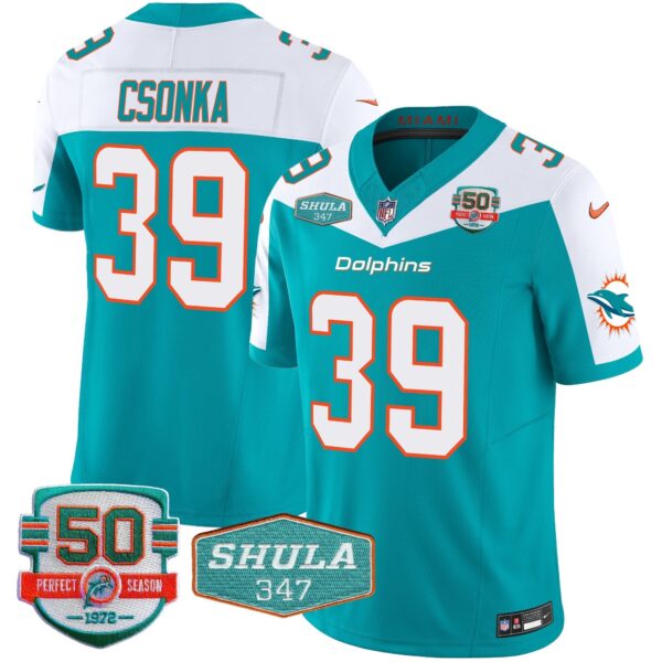 Dolphins Shula 347 Patch Vapor Limited Jersey V2 – All Stitched – Aqua Alternate – Larry Csonka Jersey