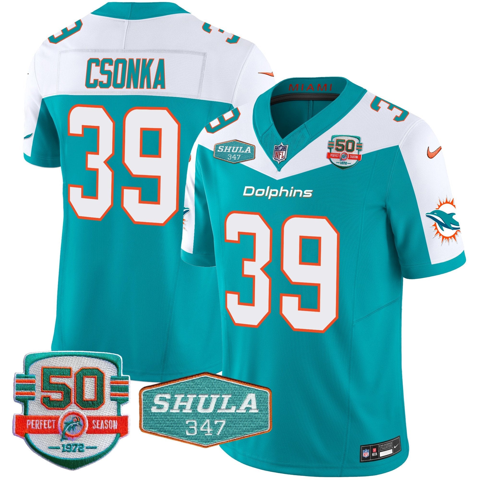 Dolphins Shula 347 Patch Vapor Limited Jersey V2 – All Stitched – Aqua Alternate – Larry Csonka Jersey