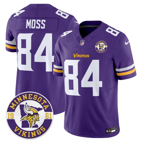 Minnesota Vikings 2024 Vapor Limited Jersey V2 – Est. 1961 Patch – All Stitched – Purple – Randy Moss Jersey