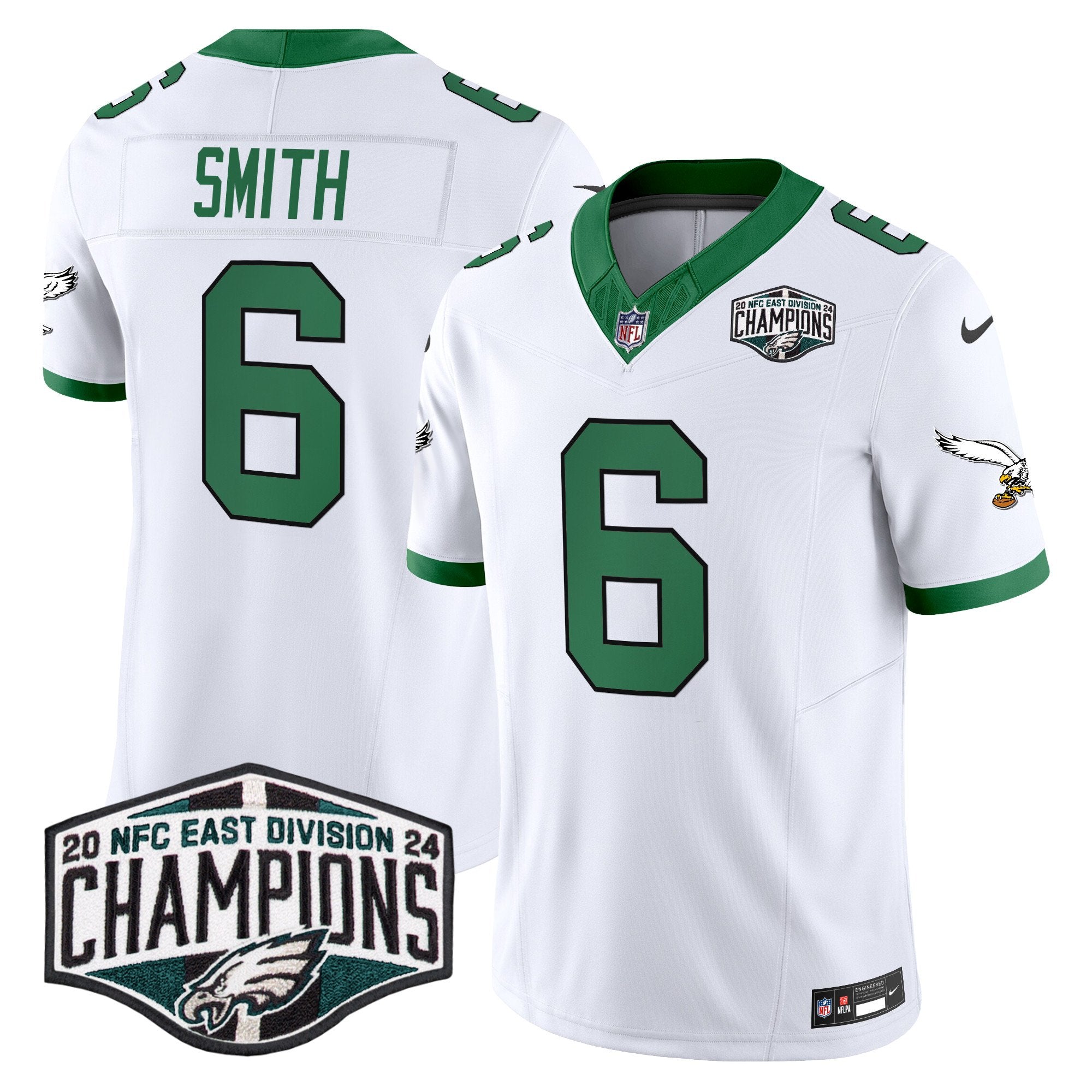 Philadelphia Eagles Kelly Green 2024 NFC East Division Champions Vapor Limited Jersey V2 – All Stitched – Kelly White – DeVonta Smith Jersey