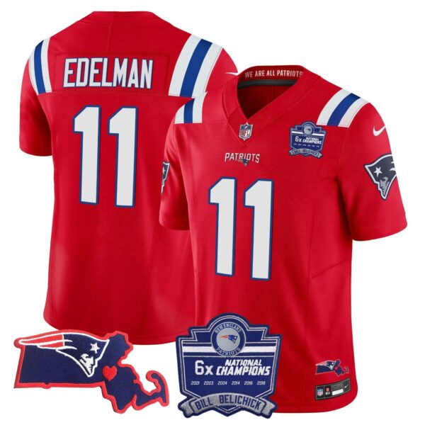 Patriots Bill Belichick 6x Champions Patch Vapor Jersey – All Stitched – Red – Julian Edelman Jersey