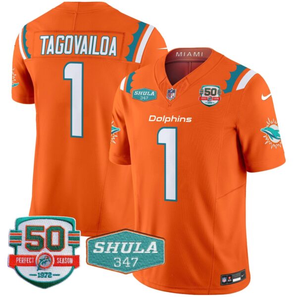 Dolphins 50th & Don Shula 347 Memorial Patch Vapor Limited Jersey – All Stitched – Orange – Tua Tagovailoa Jersey