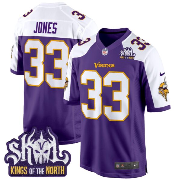 Minnesota Vikings King Of The North Patch Throwback Game Jersey – All Stitched – Purple Alternate – Aaron Jones Jersey