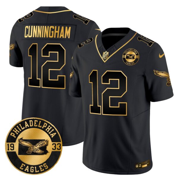 Philadelphia Eagles 2024 Throwback Gold Vapor Limited Jersey – Est. 1933 Patch – All Stitched – Black Gold – Randall Cunningham Jersey