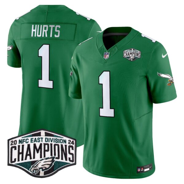 Philadelphia Eagles Kelly Green 2024 NFC East Division Champions Vapor Limited Jersey V2 – All Stitched – Kelly Green – Jalen Hurts Jersey