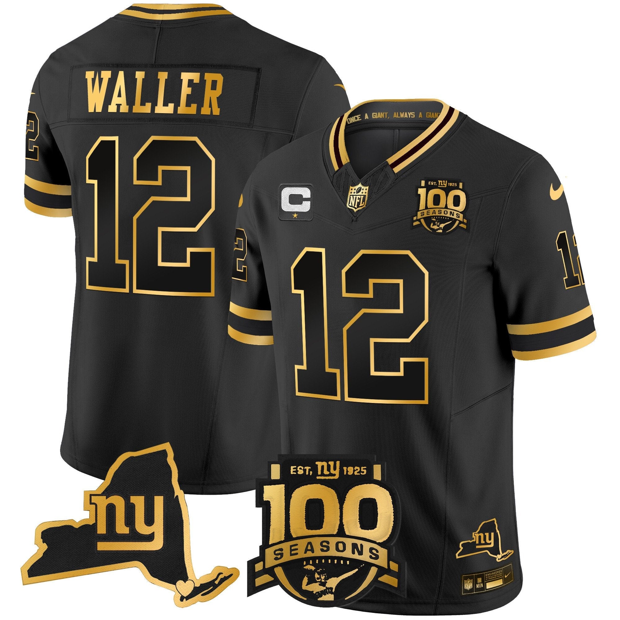 New York Giants 100th Season & State Patch Gold Vapor Limited Jersey – All Stitched – Black Gold – Darren Waller Jersey