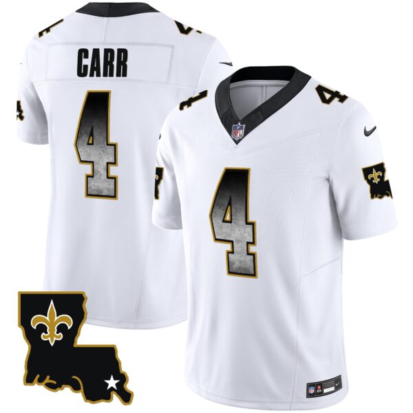 Saints 1987 Legacy Arch Smoke Jersey – All Stitched – White – Derek Carr Jersey