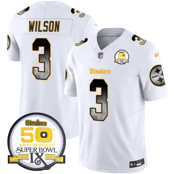 Steelers Arch Smoke 50th Anniversary Of Super Bowl IX Patch Vapor Limited Jersey – All Stitched – White – Russell Wilson Jersey