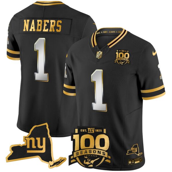 New York Giants 100th Season & State Patch Gold Vapor Limited Jersey – All Stitched – Black Limited – Malik Nabers Jersey