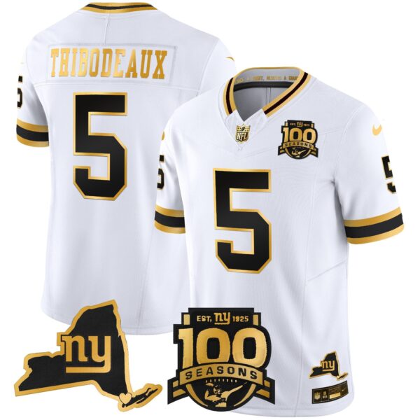 New York Giants 100th Season & State Patch Gold Vapor Limited Jersey – All Stitched – White Gold – Kayvon Thibodeaux Jersey