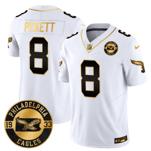 Philadelphia Eagles 2024 Throwback Gold Vapor Limited Jersey – Est. 1933 Patch – All Stitched – White Gold – Kenny Pickett Jersey