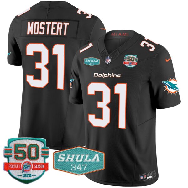 Dolphins Shula 347 Patch Vapor Limited Jersey V2 – All Stitched – Black – Raheem Mostert Jersey