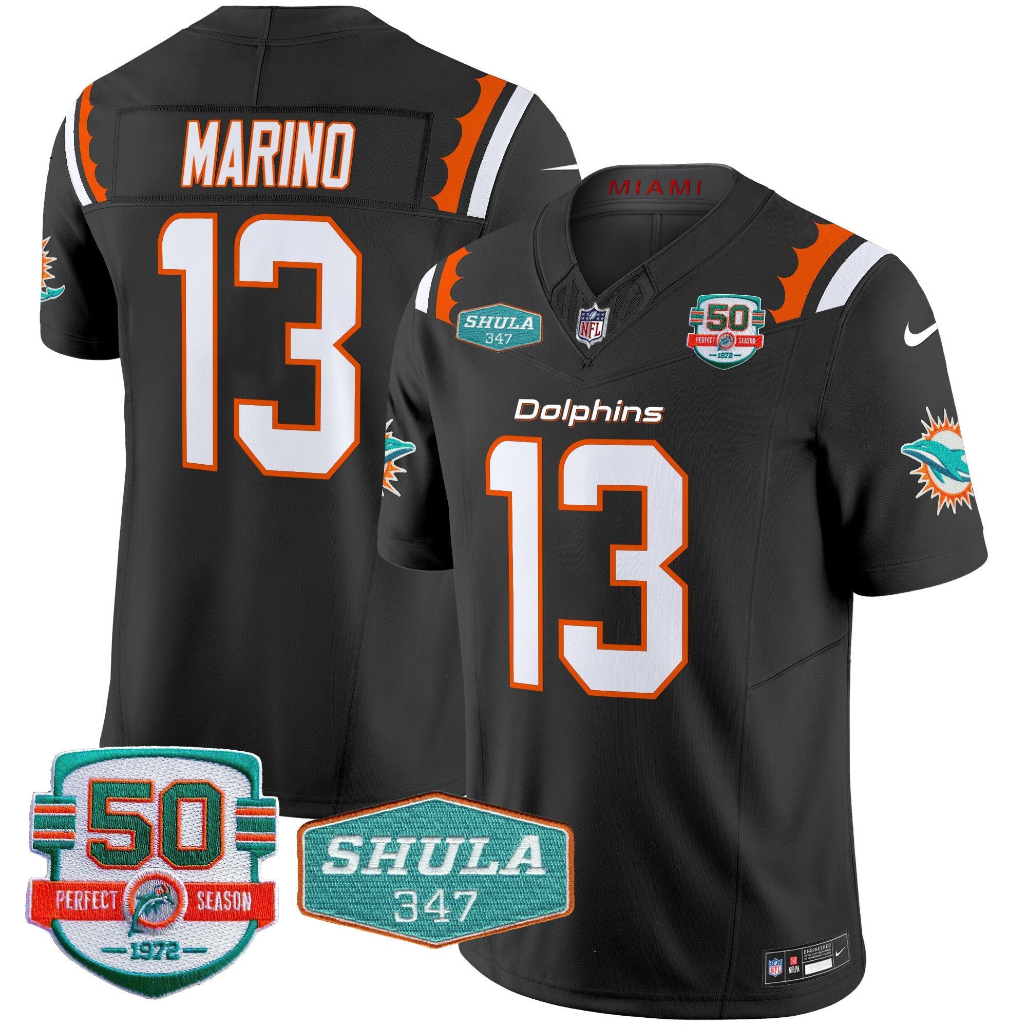 Dolphins 50th & Don Shula 347 Memorial Patch Vapor Limited Jersey – All Stitched – Black – Dan Marino Jersey