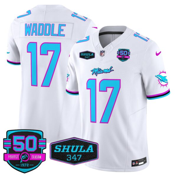 Dolphins “Miami Vice” Vapor Limited Jersey V4 – All Stitched – White – Jaylen Waddle Jersey