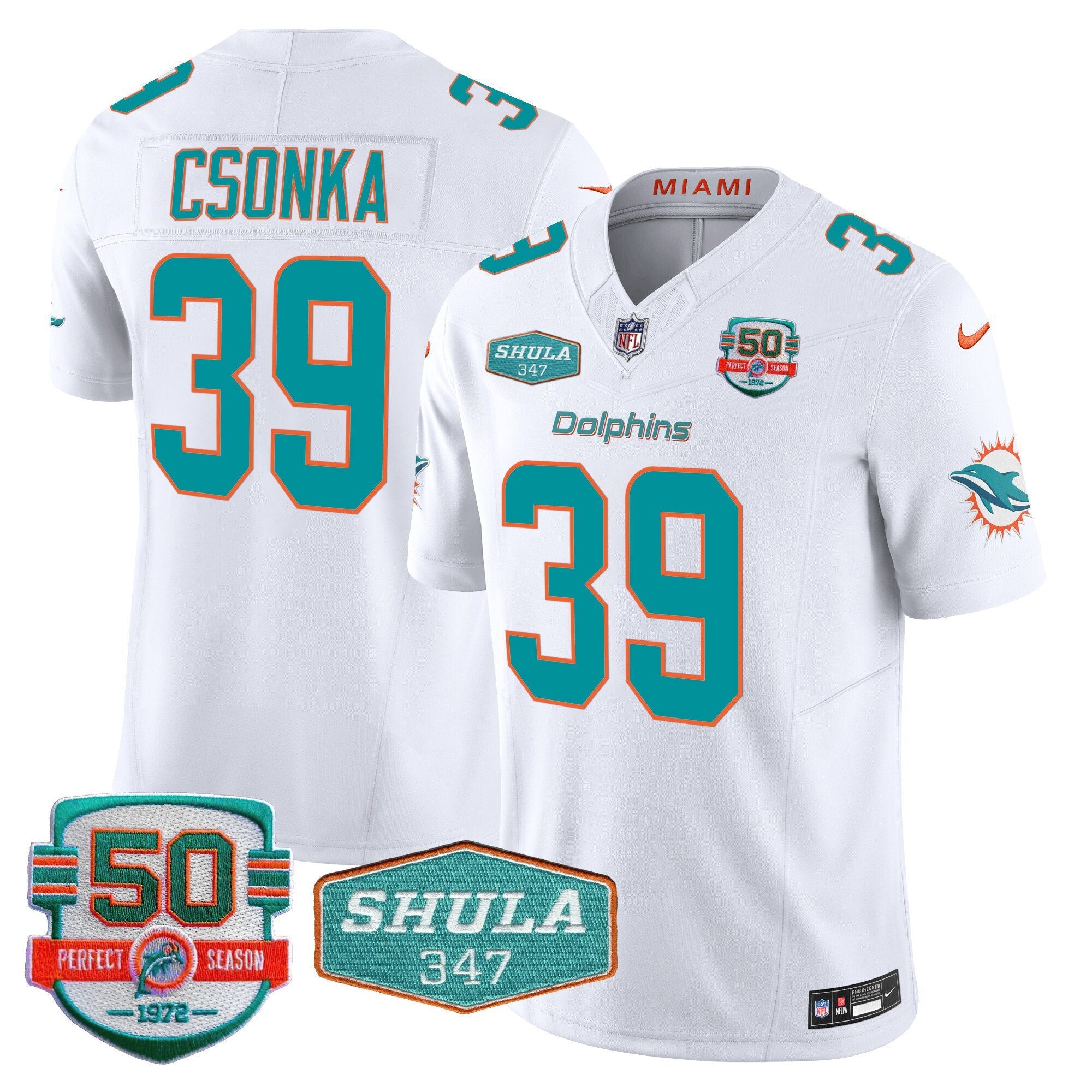 Dolphins Shula 347 Patch Vapor Limited Jersey V2 – All Stitched – White – Larry Csonka Jersey