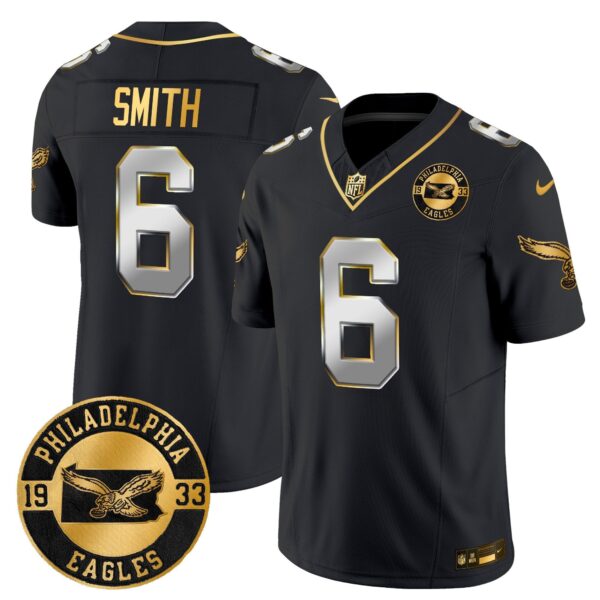 Philadelphia Eagles 2024 Throwback Gold Vapor Limited Jersey – Est. 1933 Patch – All Stitched – Black Limited – DeVonta Smith Jersey