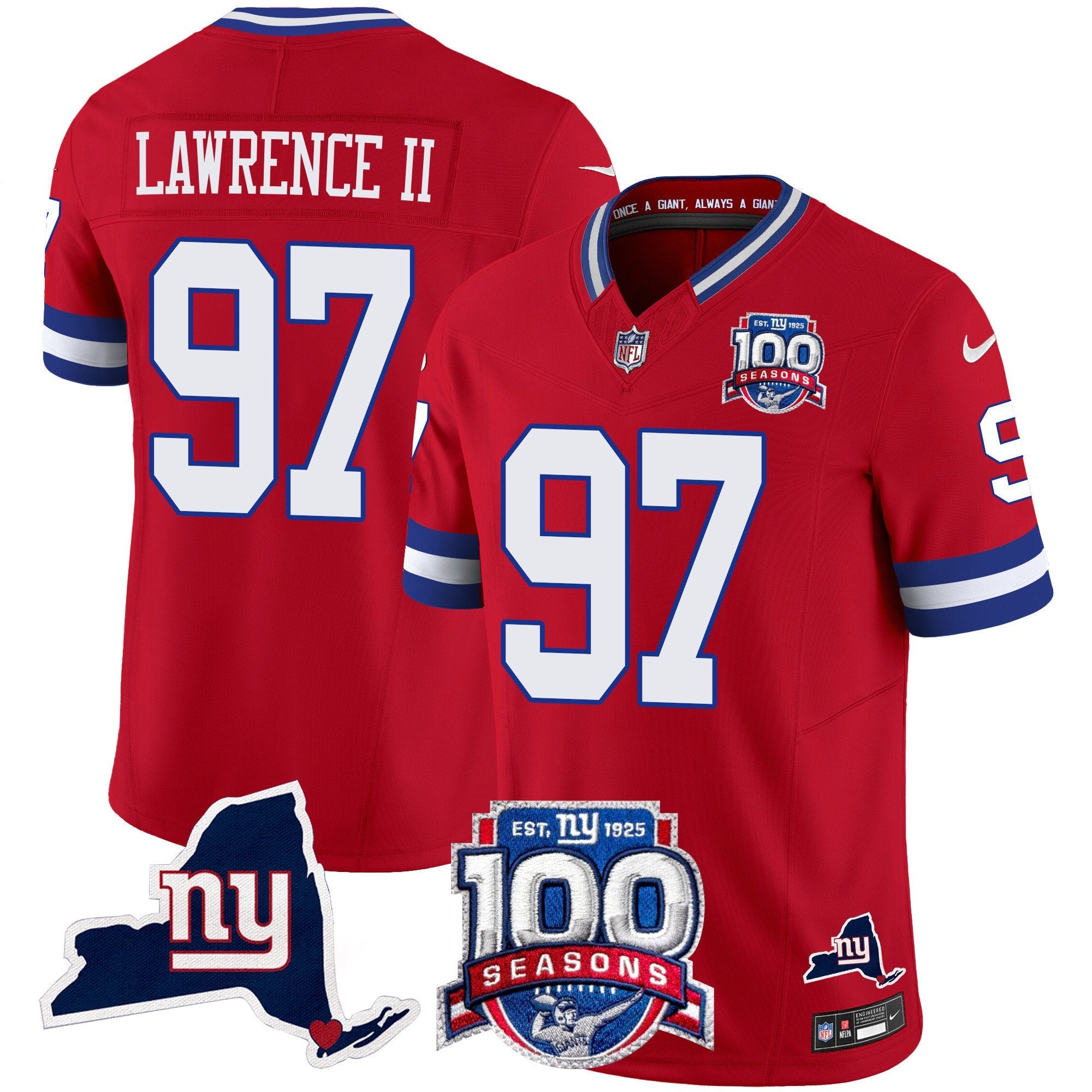New York Giants 100th Season & State Patch Vapor Limited Jersey – All Stitched – Red – Dexter Lawrence II Jersey