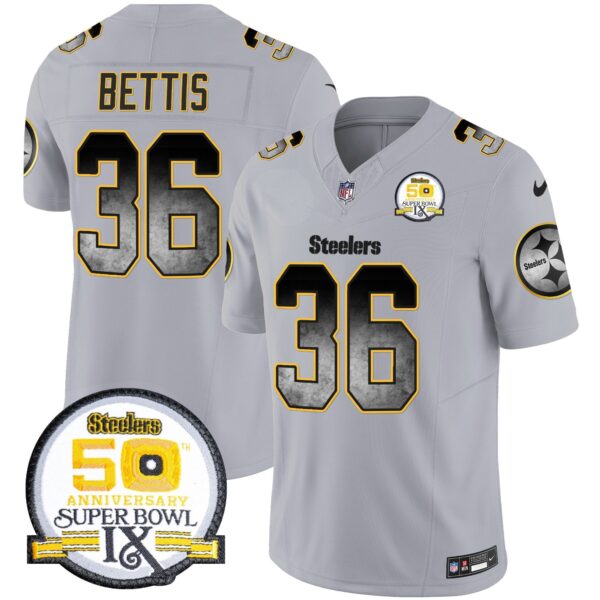 Steelers Arch Smoke 50th Anniversary Of Super Bowl IX Patch Vapor Limited Jersey – All Stitched – Gray – Jerome Bettis Jersey