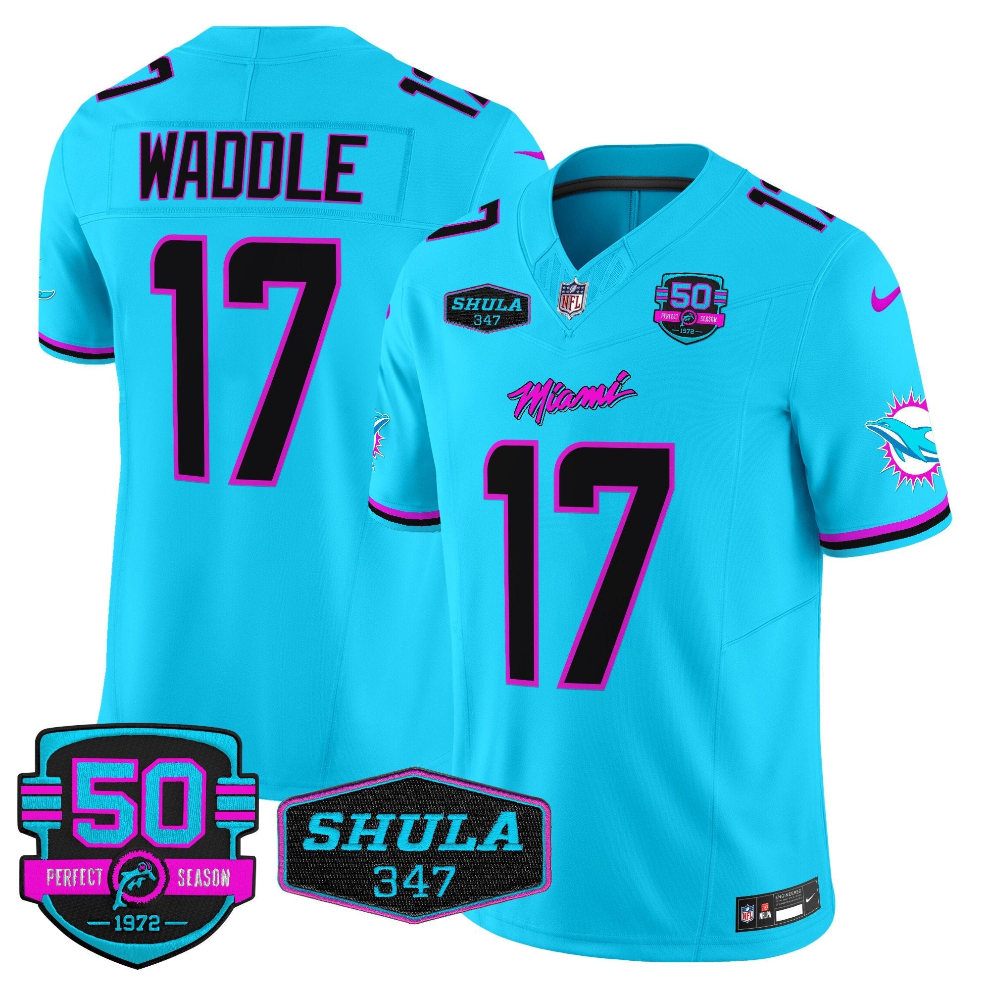 Dolphins “Miami Vice” Vapor Limited Jersey V4 – All Stitched – Aqua – Jaylen Waddle Jersey