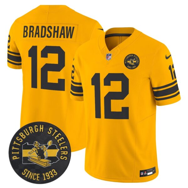 Pittsburgh Steelers Throwback 1962 Vapor Limited Jersey – Est. 1933 Patch – All Stitched – Gold – Terry Bradshaw Jersey