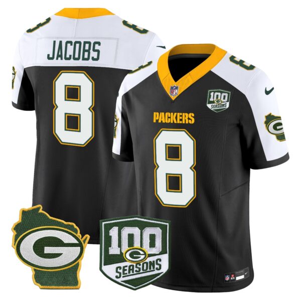Packers 100th Season & Home Patch Vapor Limited Jersey – All Stitched – Black Alternate – Josh Jacobs Jersey