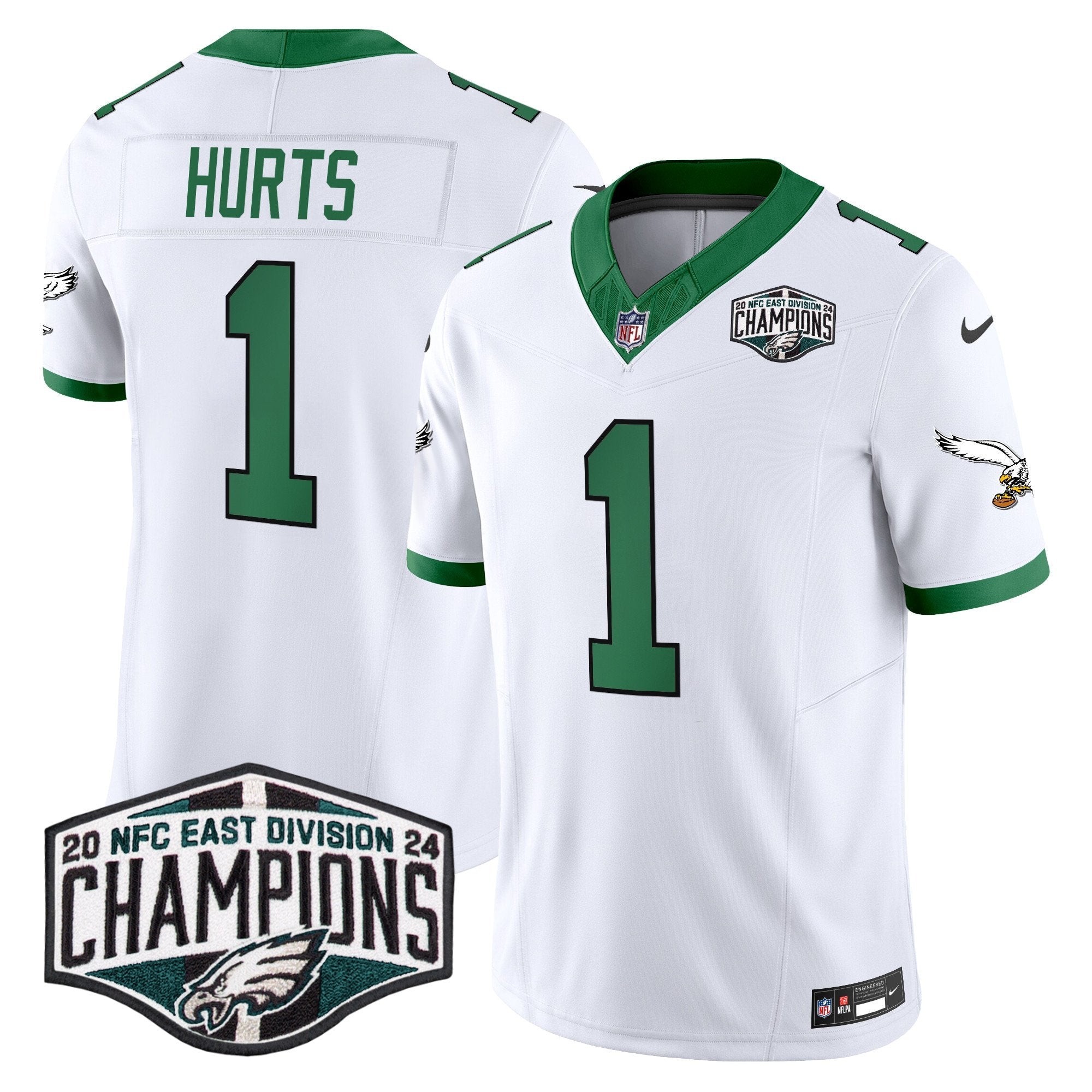Philadelphia Eagles Kelly Green 2024 NFC East Division Champions Vapor Limited Jersey V2 – All Stitched – Kelly White – Jalen Hurts Jersey
