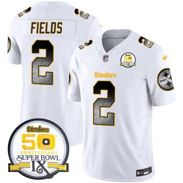 Steelers Arch Smoke 50th Anniversary Of Super Bowl IX Patch Vapor Limited Jersey – All Stitched – White – Justin Fields Jersey