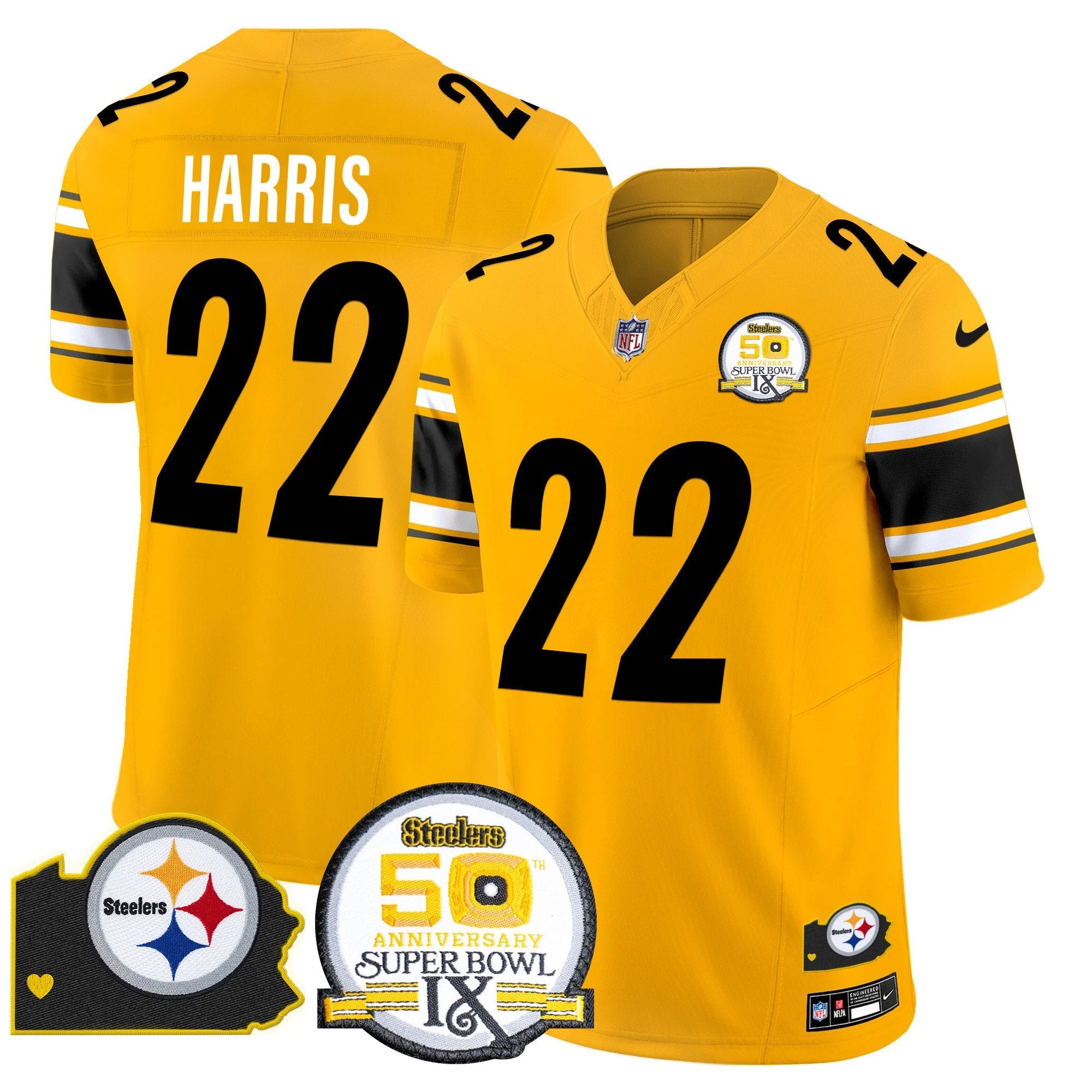 Steelers 50th Anniversary Of Super Bowl IX & Map Patch Vapor Limited Jersey – All Stitched – Gold – Najee Harris Jersey