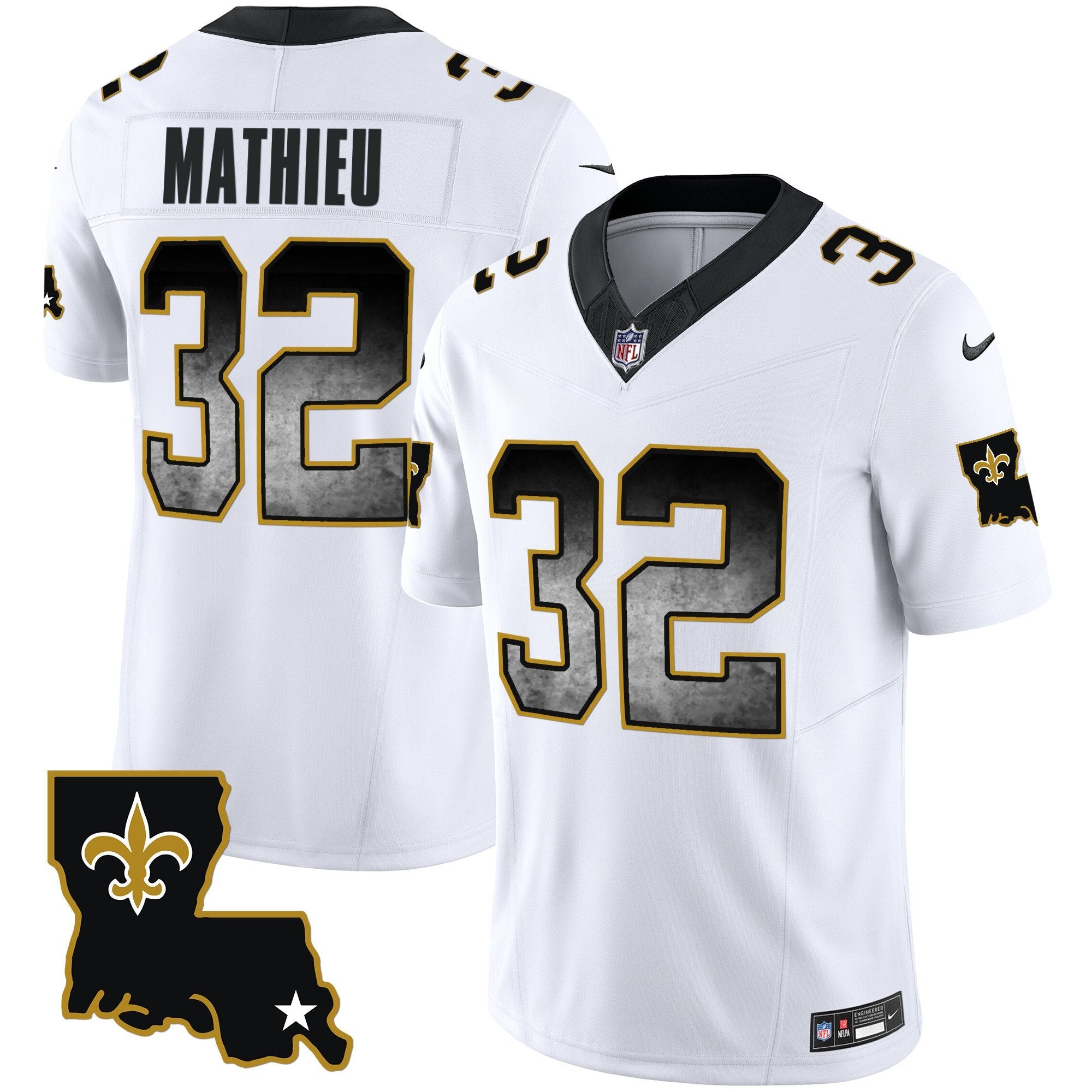 Saints 1987 Legacy Arch Smoke Jersey – All Stitched – White – Tyrann Mathieu Jersey