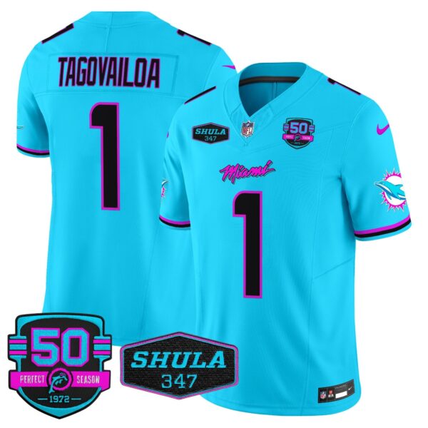 Dolphins “Miami Vice” Vapor Limited Jersey V4 – All Stitched – Aqua – Tua Tagovailoa Jersey