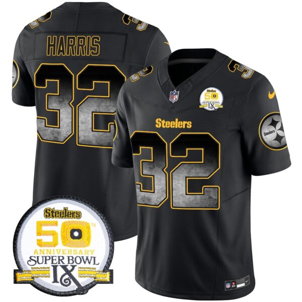 Steelers Arch Smoke 50th Anniversary Of Super Bowl IX Patch Vapor Limited Jersey – All Stitched – Black – Franco Harris Jersey