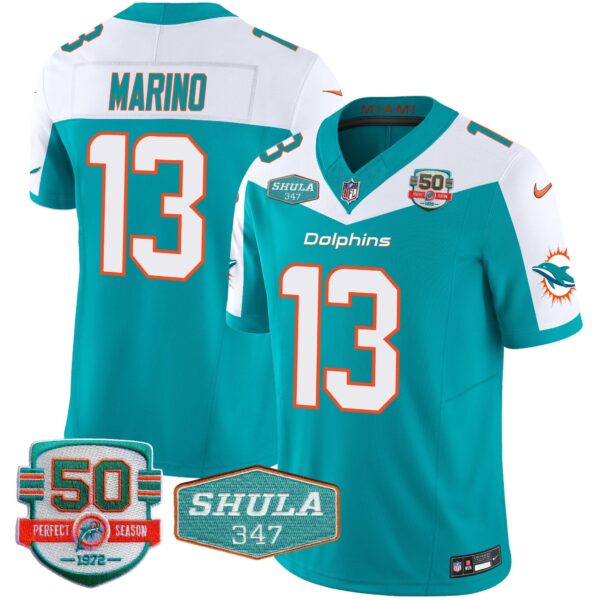 Dolphins Shula 347 Patch Vapor Limited Jersey V2 – All Stitched – Aqua Alternate – Dan Marino Jersey