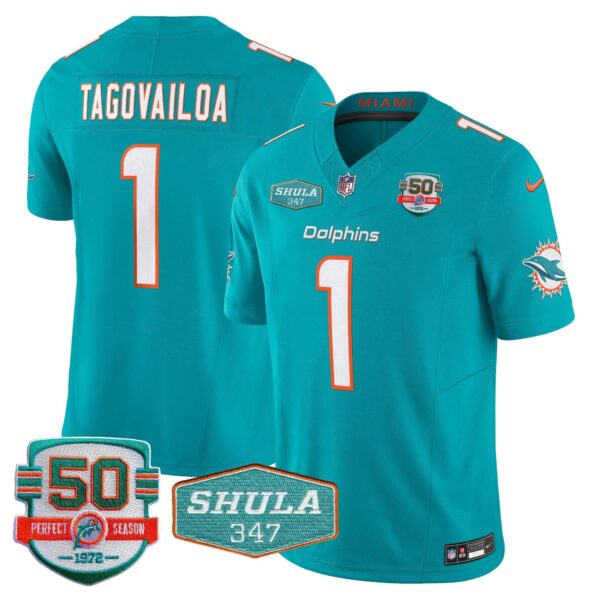 Dolphins Shula 347 Patch Vapor Limited Jersey V2 – All Stitched – Aqua – Tua Tagovailoa Jersey