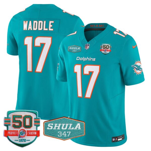 Dolphins Shula 347 Patch Vapor Limited Jersey V2 – All Stitched – Aqua – Jaylen Waddle Jersey