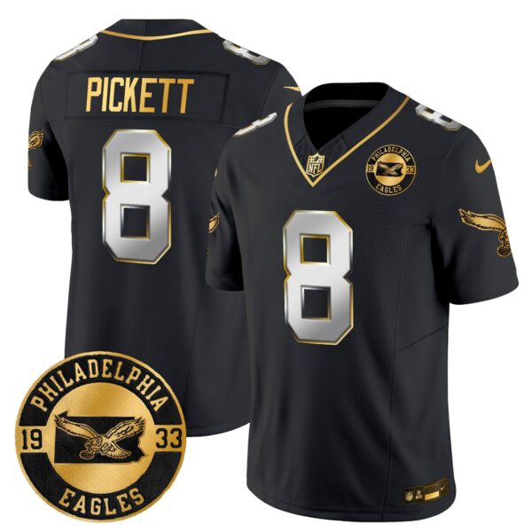 Philadelphia Eagles 2024 Throwback Gold Vapor Limited Jersey – Est. 1933 Patch – All Stitched – Black Limited – Kenny Pickett Jersey