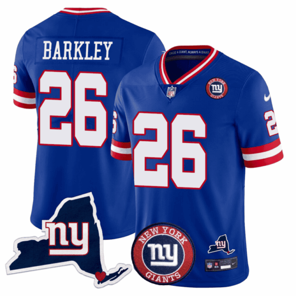 Giants New York State & Logo Patch Limited Jersey – All Stitched – Royal – Saquon Barkley Jersey