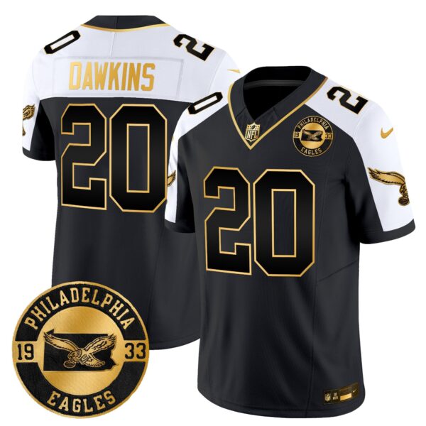 Philadelphia Eagles 2024 Throwback Gold Vapor Limited Jersey – Est. 1933 Patch – All Stitched – Alternate – Brian Dawkins Jersey