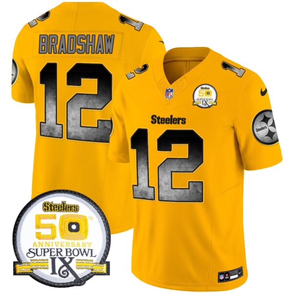 Steelers Arch Smoke 50th Anniversary Of Super Bowl IX Patch Vapor Limited Jersey – All Stitched – Gold – Terry Bradshaw Jersey