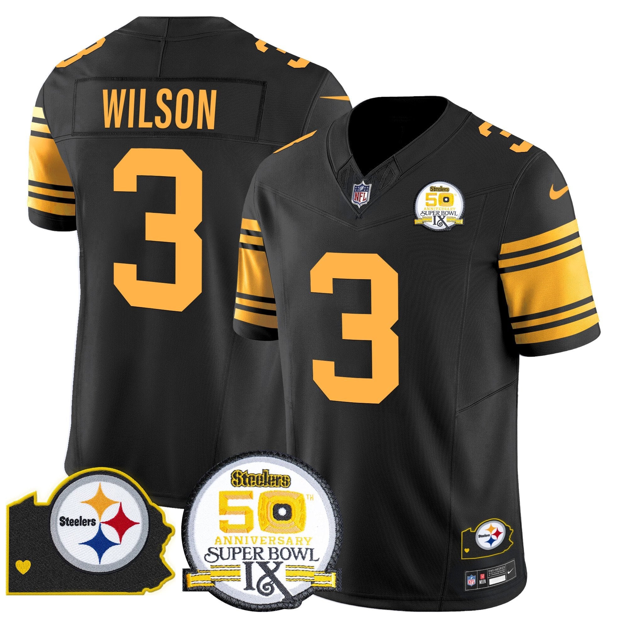 Steelers 50th Anniversary Of Super Bowl IX & Map Patch Vapor Limited Jersey – All Stitched – Color Rush – Russell Wilson Jersey