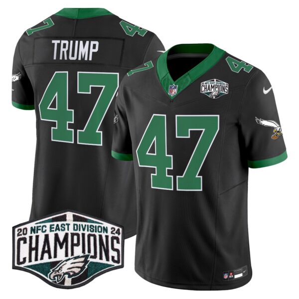 Philadelphia Eagles Kelly Green 2024 NFC East Division Champions Vapor Limited Jersey V2 – All Stitched – Black – Donald Trump Jersey