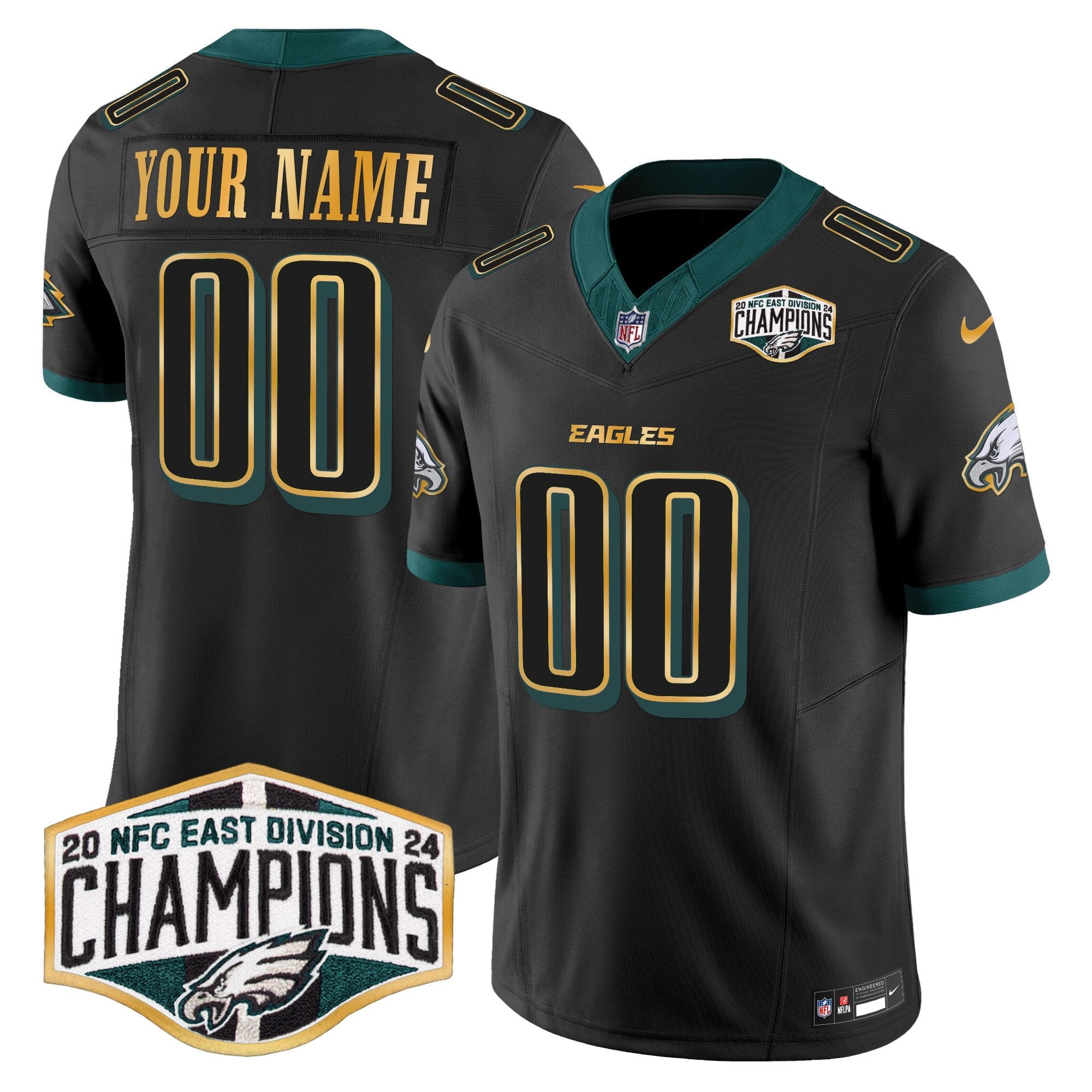Eagles 2024 NFC East Division Champions Gold Trim Vapor Limited Custom Jersey – All Stitched – Black Jersey