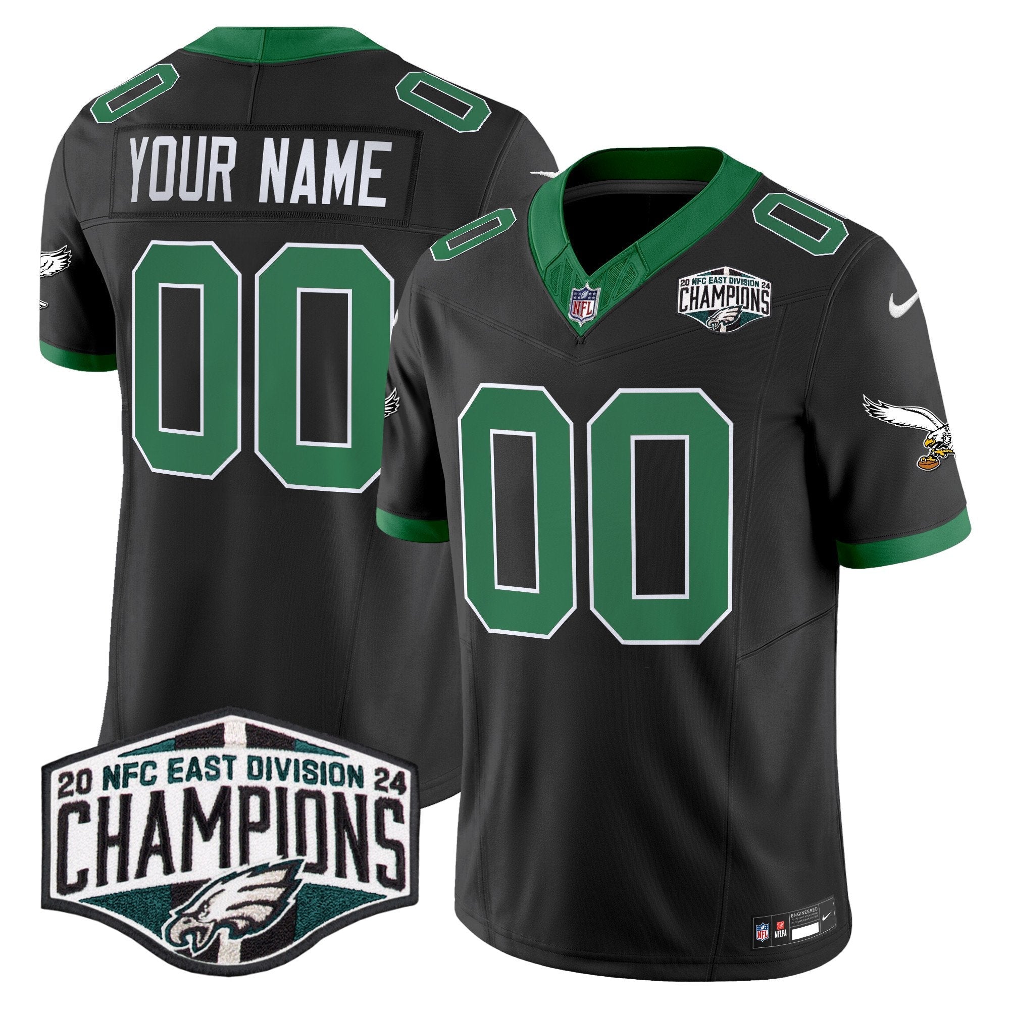Philadelphia Eagles Kelly Green 2024 NFC East Division Champions Vapor Limited Custom Jersey V2 – All Stitched – Black Jersey