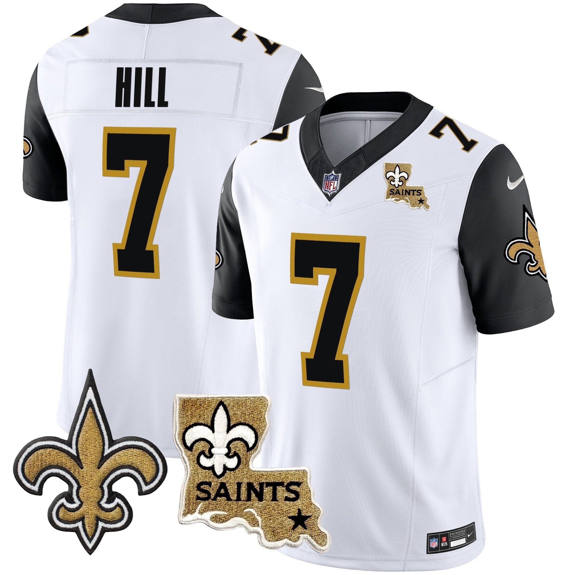 Saints Vapor Limited Jersey – New Orleans Patch – All Stitched – Black Sleeves – Taysom Hill Jersey