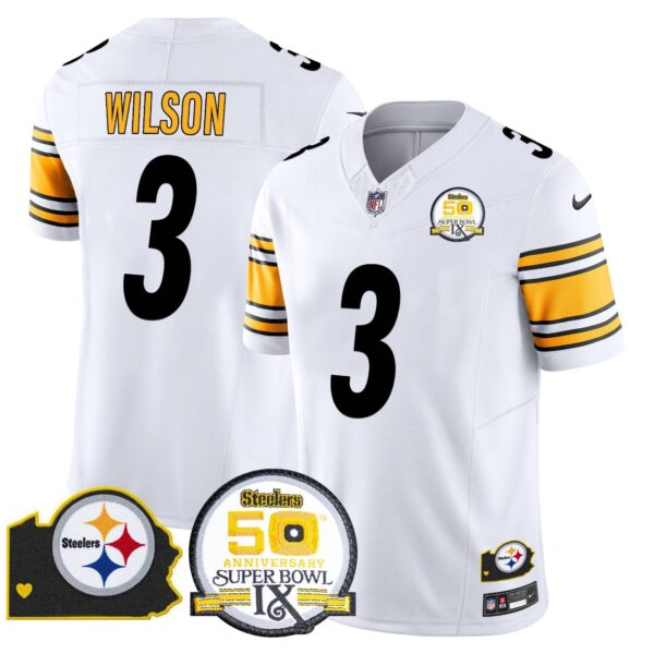 Steelers 50th Anniversary Of Super Bowl IX & Map Patch Vapor Limited Jersey – All Stitched – White – Russell Wilson Jersey