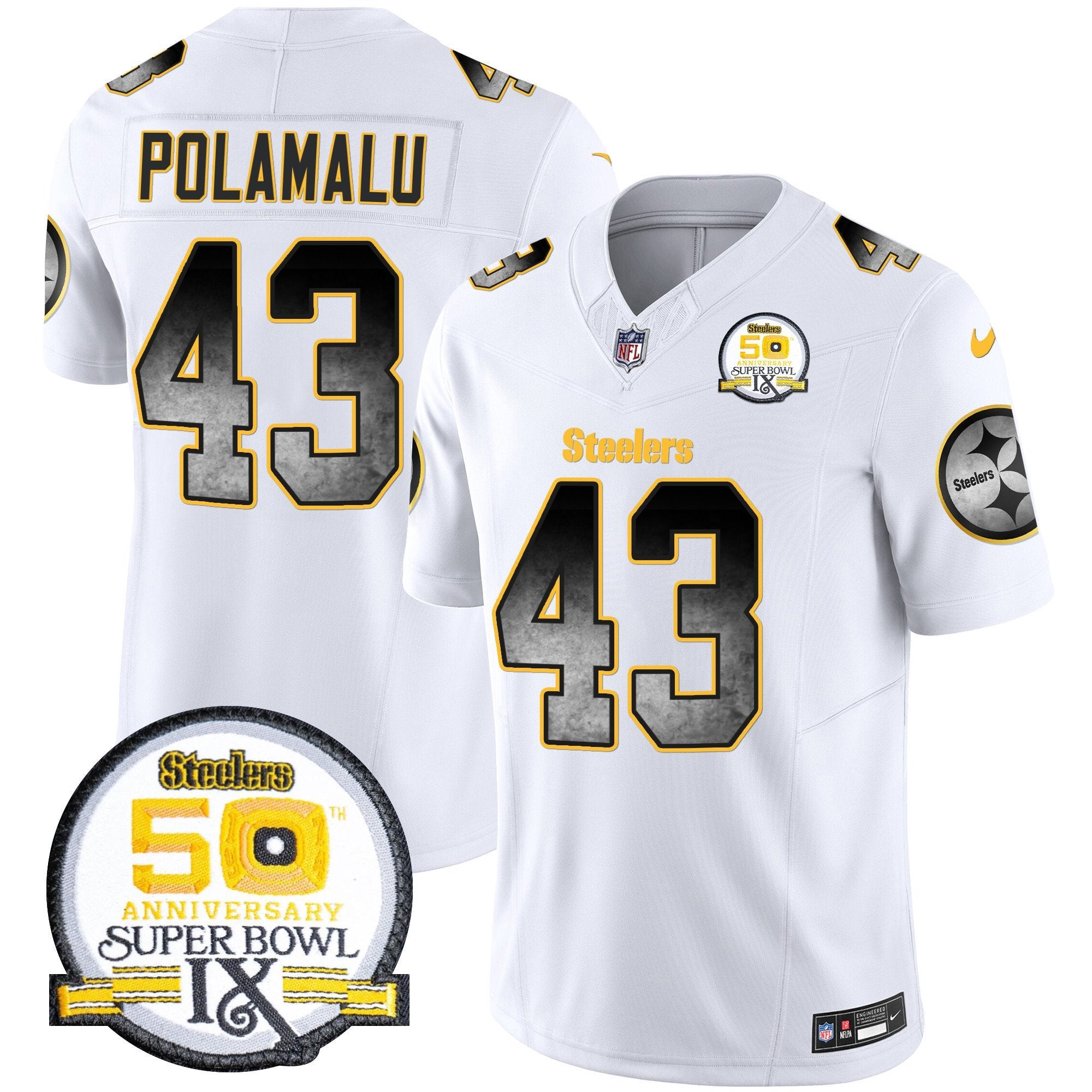 Steelers Arch Smoke 50th Anniversary Of Super Bowl IX Patch Vapor Limited Jersey – All Stitched – White – Troy Polamalu Jersey
